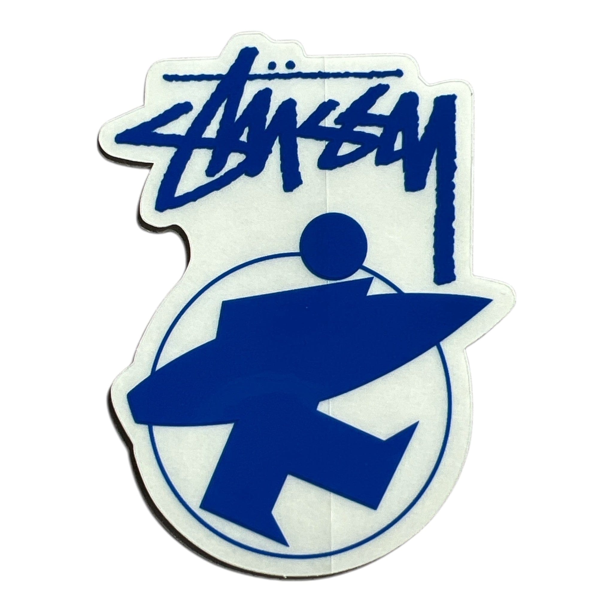 Blue and white logo with 'Stussy' branding on a white background