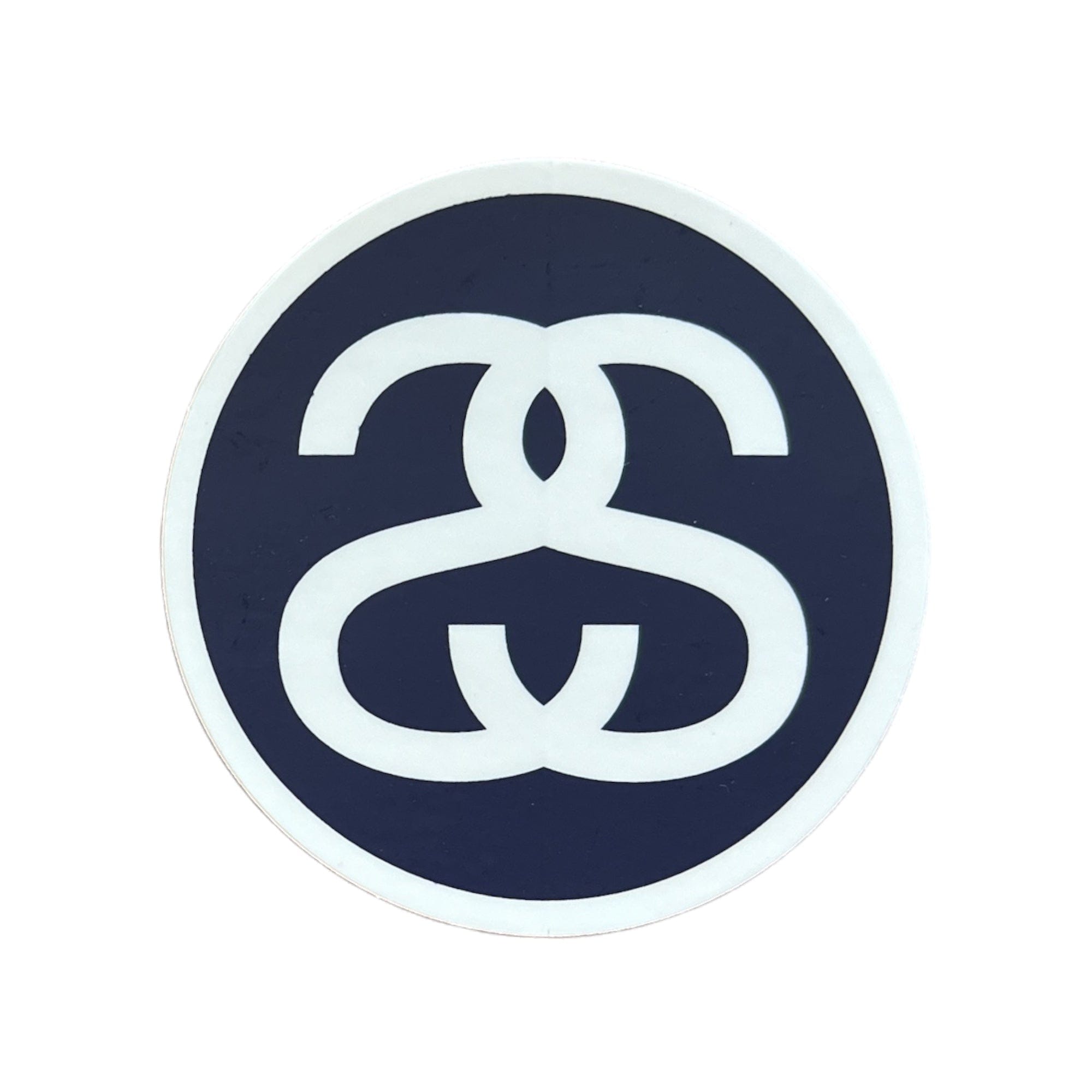 A sticker with Stussy Double S Circle Logo in white on a blue background.