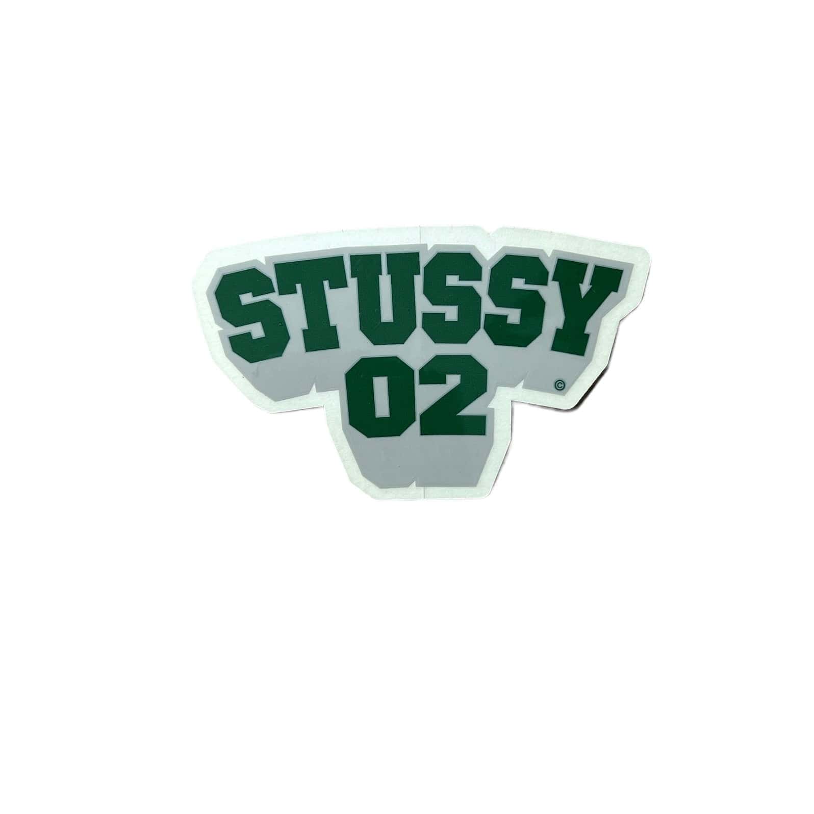 Stussy "02" Sticker in green. The sticker measures 3.5"x2".