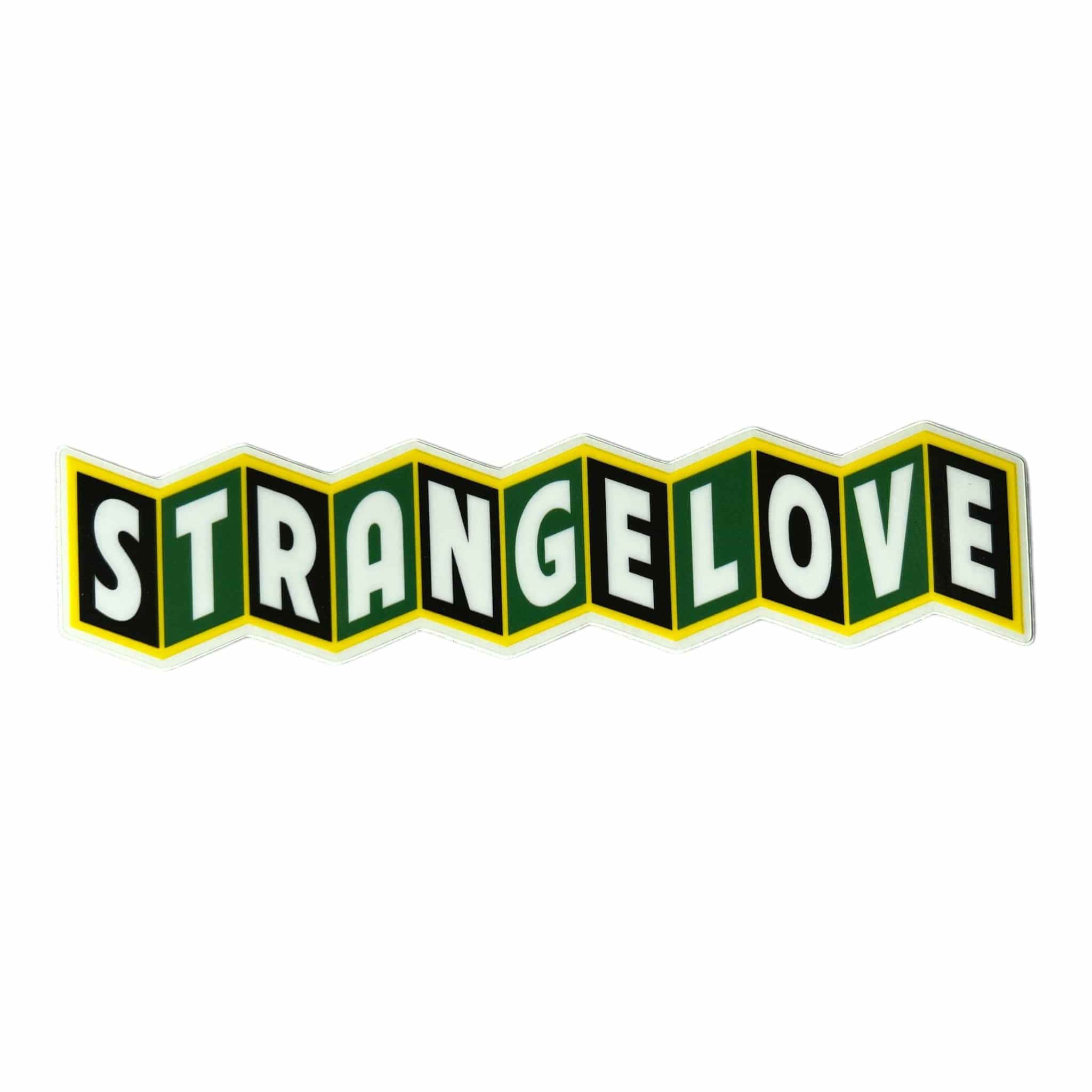 Strangelove Skateboards Ribbon Sticker White on Black and Green