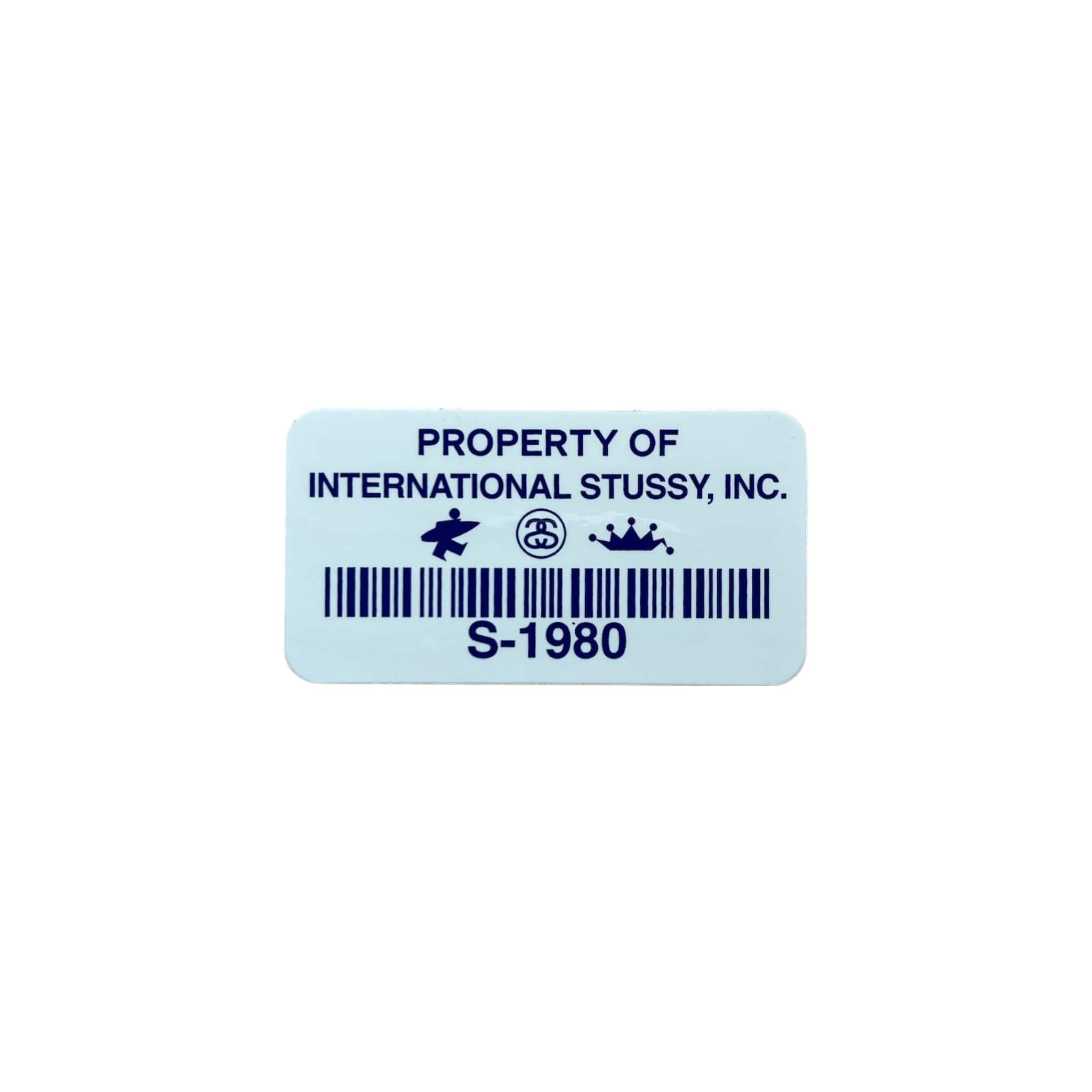 Stussy Property of International Stussy, Inc Sticker with blue lettering on a white background